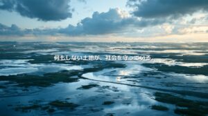 雨水を広く受け止める湿地と遠景の都市を描いた、湿地再生による洪水対策のイメージ