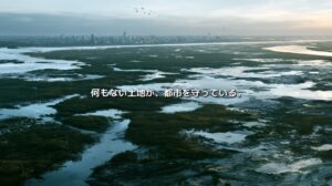 都市の手前に広がる湿地と水路。「何もない土地が、都市を守っている。」と記された湿地の自然インフラを表すイメージ