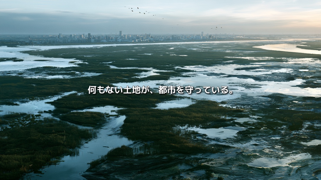 都市の手前に広がる湿地と水路。「何もない土地が、都市を守っている。」と記された湿地の自然インフラを表すイメージ