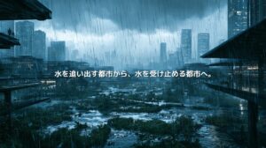 豪雨の中、雨水を受け止める湿地公園と高層建築が共存するスポンジシティ