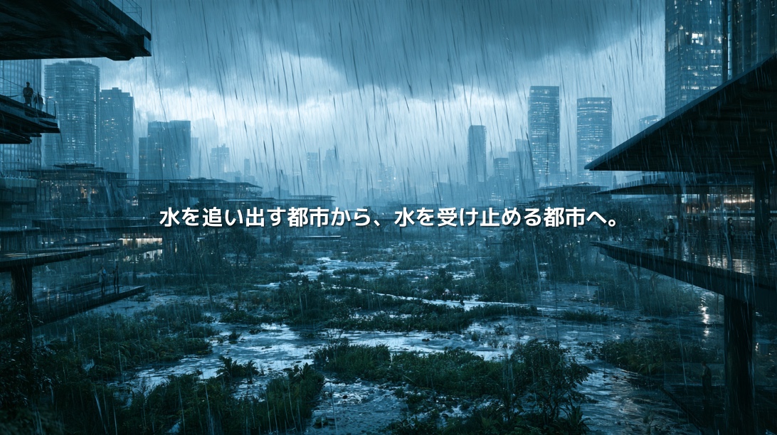 豪雨の中、雨水を受け止める湿地公園と高層建築が共存するスポンジシティ