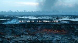 煙に覆われた泥炭地の地下で火がくすぶり、「燃えているのは、土地に保存された時間。」と記された泥炭地火災のイメージ