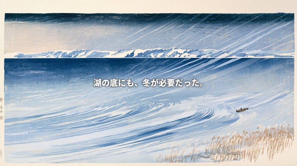 Ukiyo-e-style illustration of Lake Biwa in winter, with snow-covered mountains, sweeping wind patterns, a small boat, and shoreline reeds. Japanese text reads, “Even the lake’s depths needed winter.”