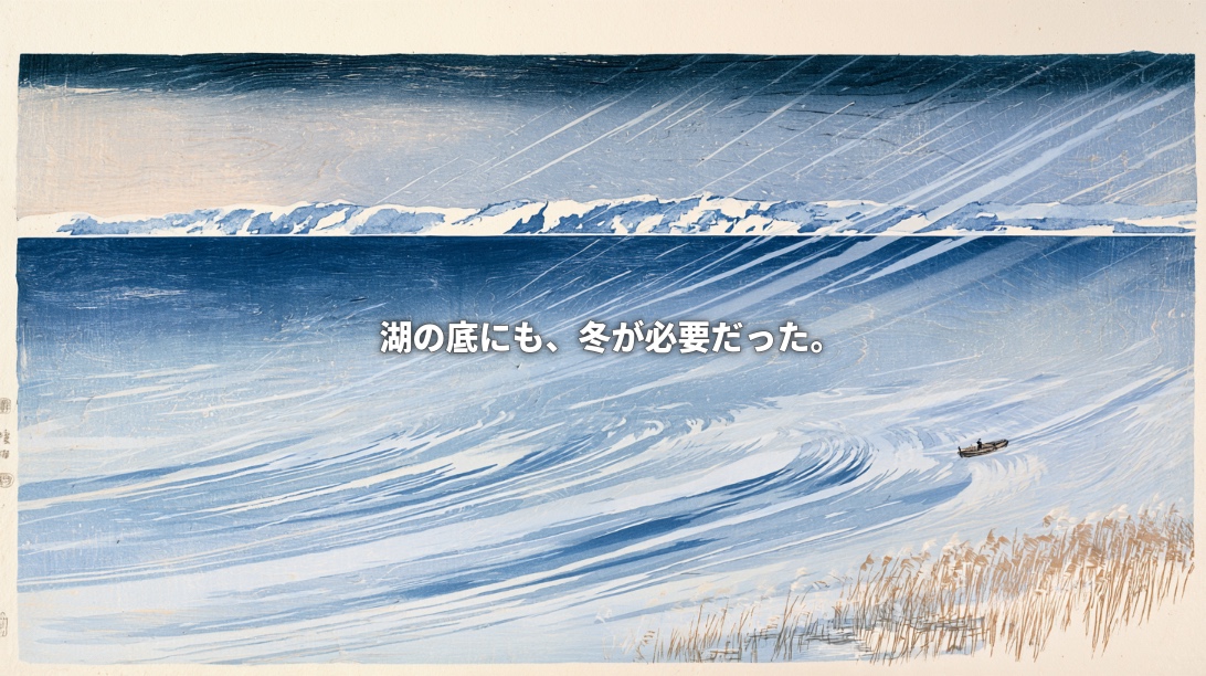 Ukiyo-e-style illustration of Lake Biwa in winter, with snow-covered mountains, sweeping wind patterns, a small boat, and shoreline reeds. Japanese text reads, “Even the lake’s depths needed winter.”