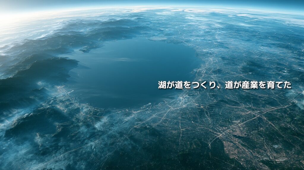 琵琶湖と周囲の都市・交通網を上空から捉え、「湖が道をつくり、道が産業を育てた」と表現した滋賀県の地政学イメージ