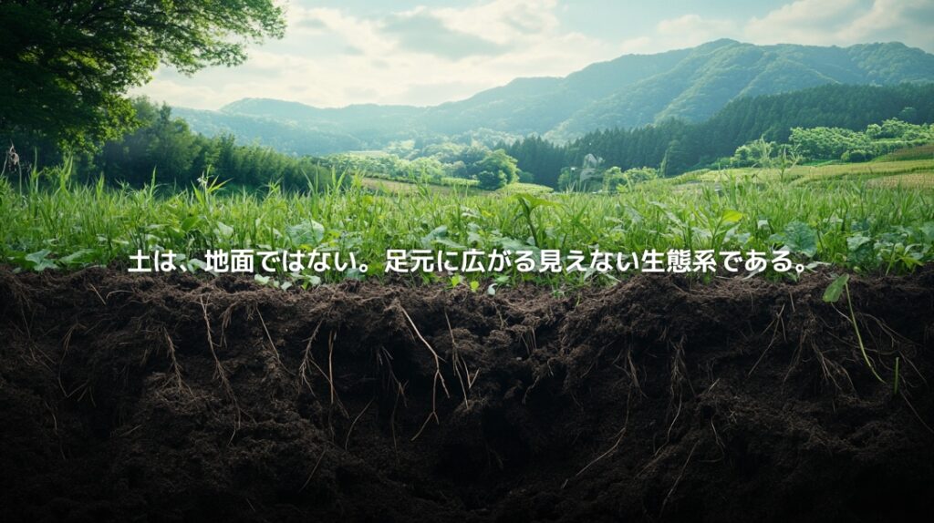 里山の草地と土の断面を通して、土の中に広がる見えない生態系を表現した風景