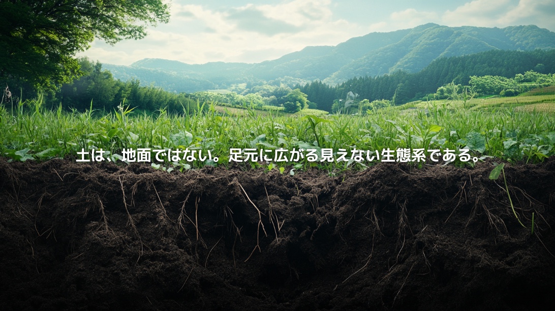 里山の草地と土の断面を通して、土の中に広がる見えない生態系を表現した風景