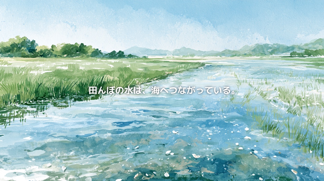 水田から用水路へ流れる水と、「田んぼの水は、海へつながっている。」の文字を描いた水彩画風イメージ