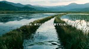水をたたえた田んぼと水路が広がる里山の風景