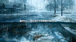 豪雨で冠水する都市と、地下の排水管に雨水が集中する断面図、「都市から、雨を待たせる時間が消えた。」の文字