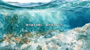 海中の左側に茂る海藻と、右側に広がる岩場を描いた水彩画。小魚やウニが見え、「魚が消える前に、森が消えていた。」と書かれている。