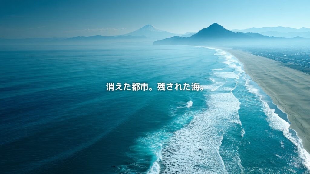 湘南海岸と富士山を俯瞰し、「消えた都市。残された海。」の文字を重ねたイメージ