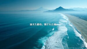 湘南海岸と富士山を俯瞰し、「消えた都市。残された海。」の文字を重ねたイメージ