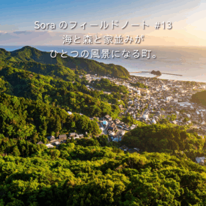 海と森と家並みがひとつの風景になる真鶴半島の俯瞰。低い屋根の町並みと入り江──住民合意の「美のルール」で守られた景観