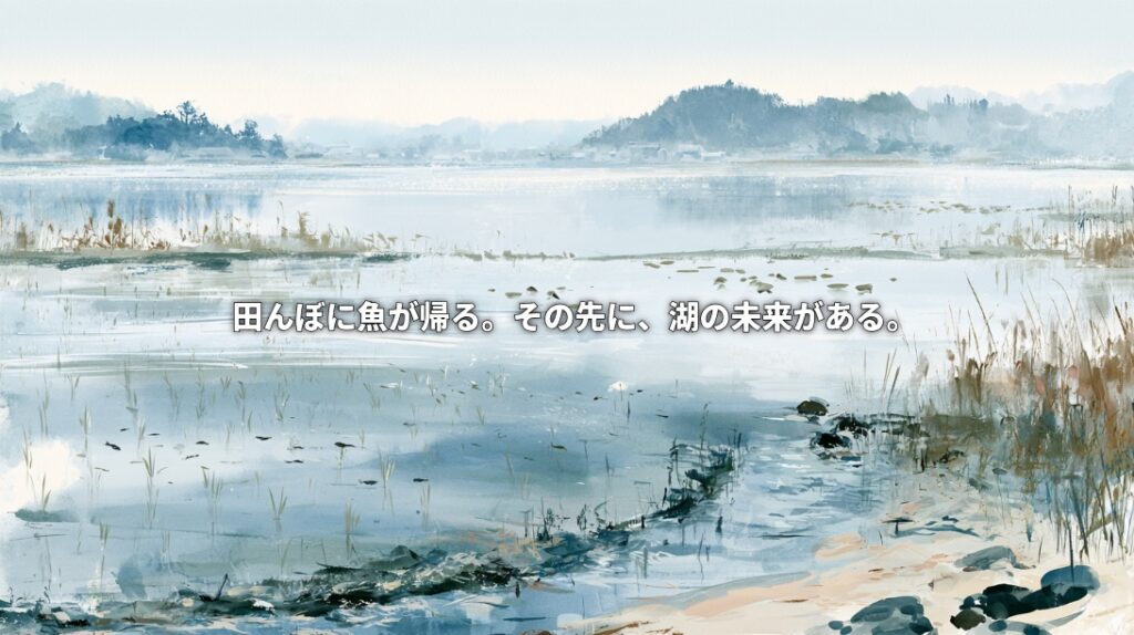 Watercolor illustration of flooded rice paddies beside a calm lake, with reeds and wooded hills, overlaid with Japanese text meaning “Fish return to the rice paddies. Beyond them lies the lake’s future.”