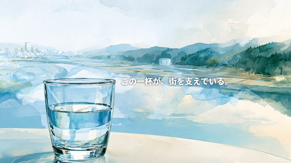 Watercolor illustration of a glass of water in front of a river, farmland, forested hills, and a distant city, with the Japanese headline “This glass of water sustains the city.”