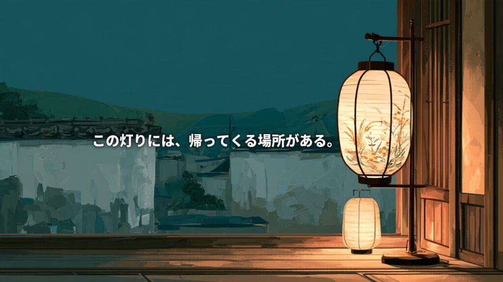 Illustration of a glowing floral Yame lantern on a wooden stand beside a smaller paper light, overlooking white-walled houses at dusk. Japanese text reads, “This light has a place to come home to.”