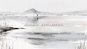 Monochrome ink-wash illustration of Lake Inawashiro, with Mount Bandai in the distance, reeds along the shore and reflections on calm water. Japanese text reads “A beautiful lake is sustained by unseen processes.”