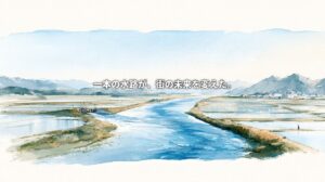Watercolor illustration of an irrigation canal linking Lake Inawashiro with rice paddies, a hydroelectric powerhouse, and the town of Koriyama.