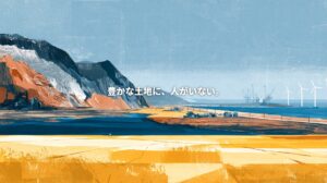 Artistic illustration of Akita’s golden rice fields, mineral-rich mountains, coastal industry, and offshore wind turbines, with Japanese text reading “A rich land, yet people are absent.”