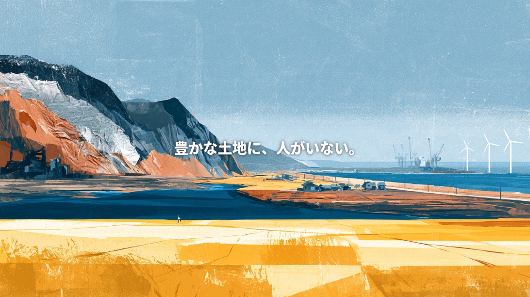 Artistic illustration of Akita’s golden rice fields, mineral-rich mountains, coastal industry, and offshore wind turbines, with Japanese text reading “A rich land, yet people are absent.”