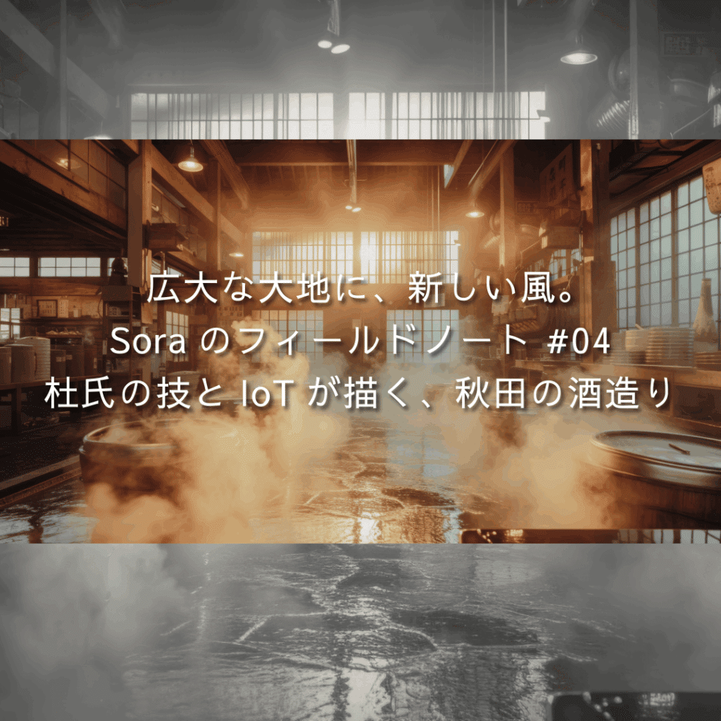 秋田の酒蔵の仕込み蔵。湯気立つ発酵タンクと差し込む光、テロップ「Soraのフィールドノート #04 ─ 杜氏の技とIoTが描く、秋田の酒造り」
