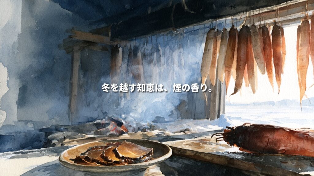 Watercolor illustration of daikon radishes hanging in a smoky wooden hut, with sliced iburigakko in the foreground and snow outside. Japanese text reads, “Wisdom for enduring winter carries the scent of smoke.”