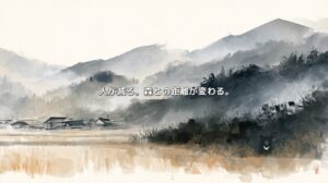秋田の山々と農村、茂みから顔を出すツキノワグマを描いた水墨画調のイラスト。「人が減る。森との距離が変わる。」の文字が重なる。