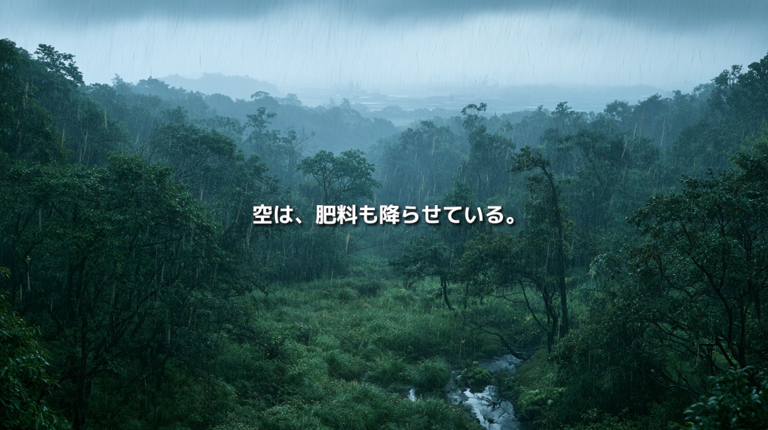 雨が降る森林と小川に「空は、肥料も降らせている。」の文字を重ね、窒素沈着による生態系への影響を表現したイメージ