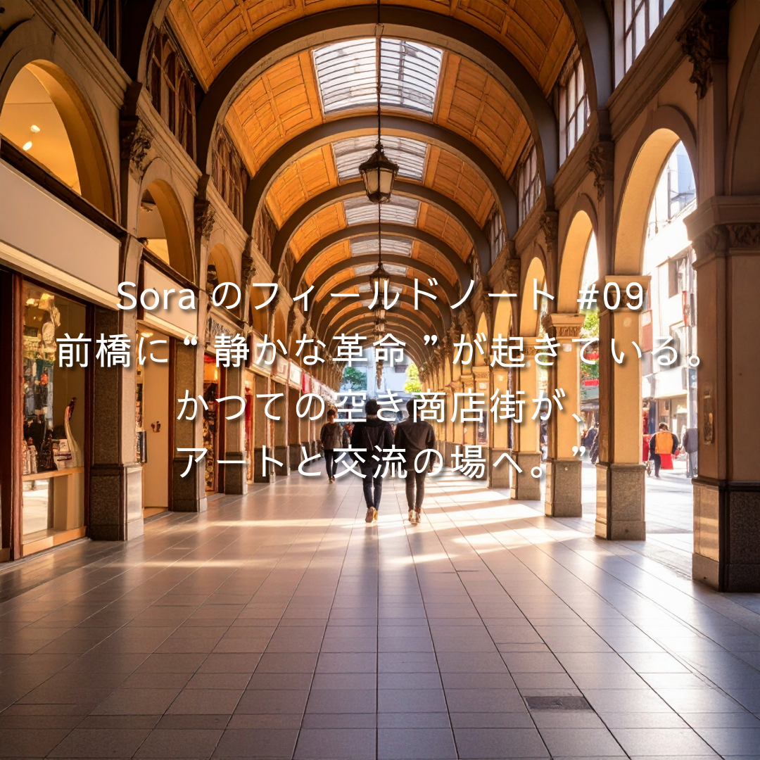 アーチ天井のアーケード商店街を歩く人々。朝の斜光が床に伸び、温かな灯りが並ぶ（群馬・前橋イメージ）