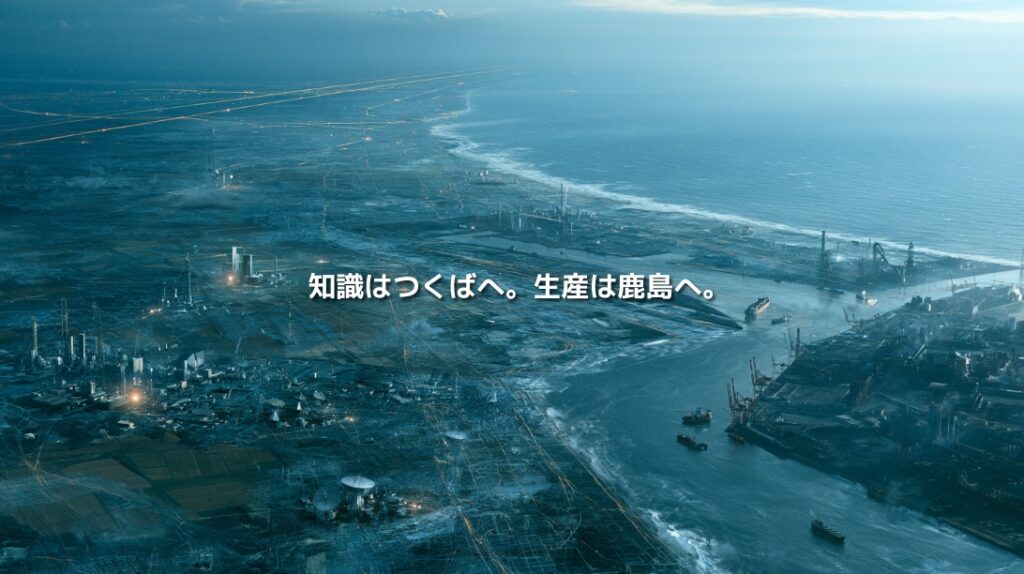 研究施設が広がるつくばと、港湾・工業地帯が連なる鹿島を一つの風景に表現した茨城県の地政学イメージ