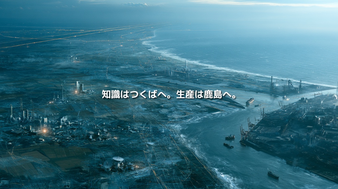研究施設が広がるつくばと、港湾・工業地帯が連なる鹿島を一つの風景に表現した茨城県の地政学イメージ