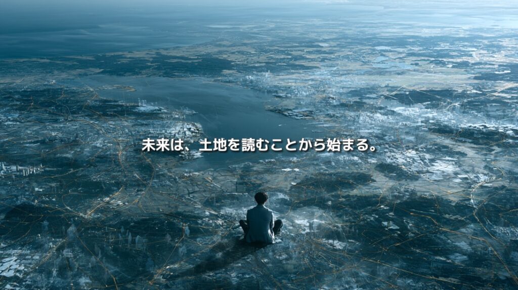 湖や都市、農地、道路が広がる土地を上空から見つめ、地域の未来を構想する人物