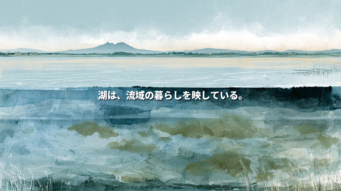 Watercolor illustration of Lake Kasumigaura with Mount Tsukuba in the distance and layered underwater sediment suggesting nutrient accumulation. Japanese text reads, “The lake reflects life across its watershed.”