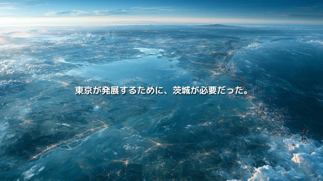 霞ヶ浦や農地、太平洋沿岸の工業地帯を上空から望む茨城県の地政学イメージ