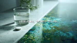 水の入ったグラスと白い錠剤、その先に広がる川を描いた医薬品による水環境汚染のイメージ