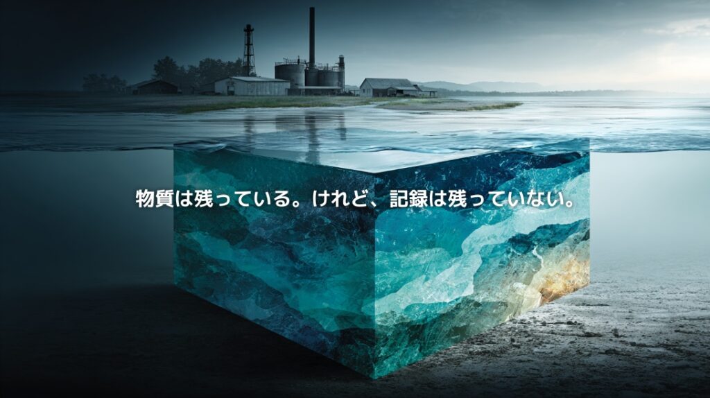 海辺の工場と地下に残る汚染物質を描き、PFASの発生源特定の難しさを表現したイメージ