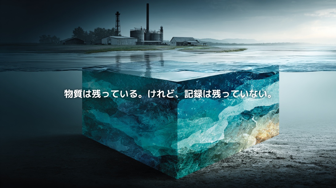 海辺の工場と地下に残る汚染物質を描き、PFASの発生源特定の難しさを表現したイメージ
