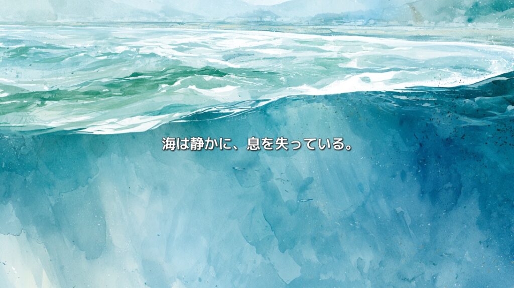 淡い緑色の海面と青い海中を描いた水彩画。遠くに沿岸の風景が見え、「海は静かに、息を失っている。」と書かれている。