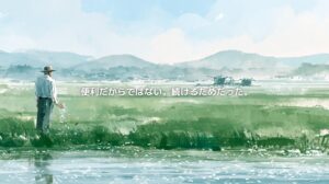 広大な水田を見つめる高齢の農家と、「便利だからではない。続けるためだった。」の文字を描いた水彩画風イメージ