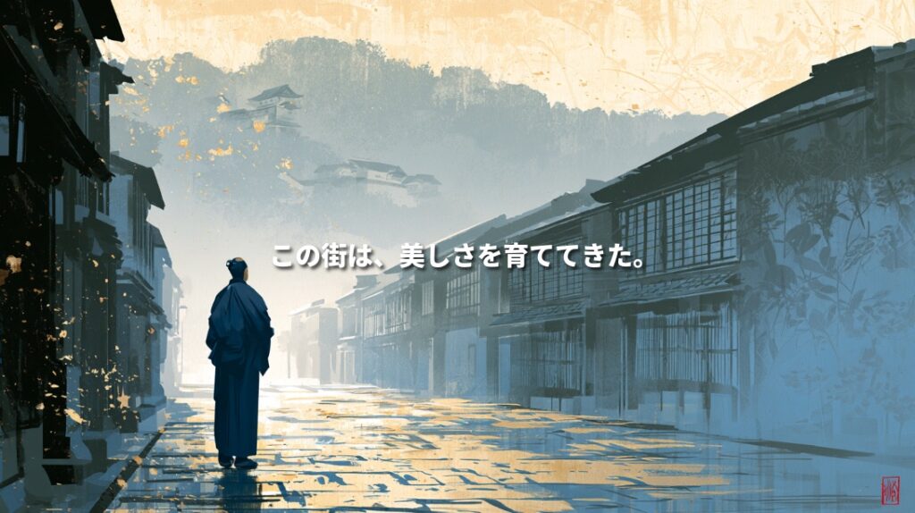 Contemporary Japanese ink-wash illustration of a solitary figure in an indigo kimono walking through a historic Kanazawa street after rain, with traditional wooden townhouses, misty hills, and golden reflections.
