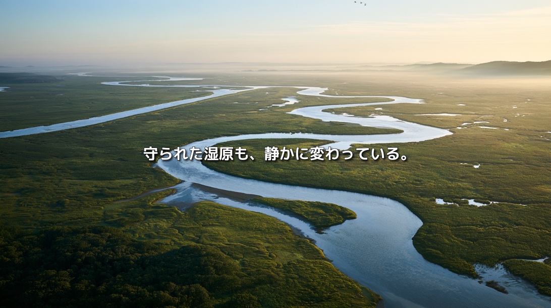 広大な釧路湿原を蛇行する釧路川と、「守られた湿原も、静かに変わっている。」と記された自然環境のイメージ