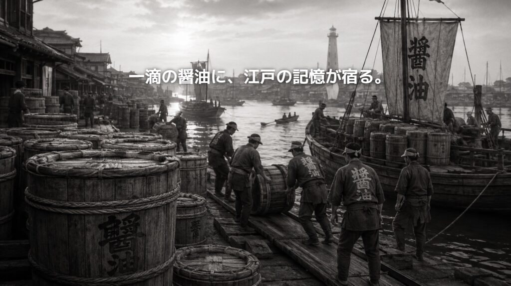 江戸時代の銚子港をイメージしたモノクロのサムネイル画像。醤油樽を木造船に積み込む人々と、一滴の醤油に江戸の記憶が宿るというコピーで、銚子の醤油文化と水運の歴史を表現している。
