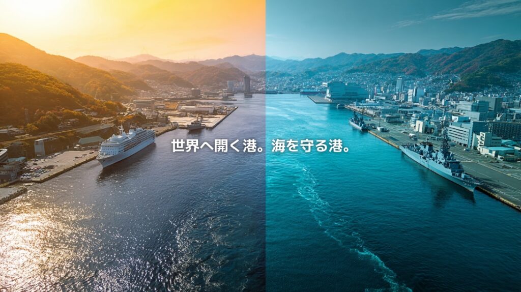 長崎港のクルーズ船と佐世保港の艦船を対比した港湾風景。「世界へ開く港。海を守る港。」の文字が重なる
