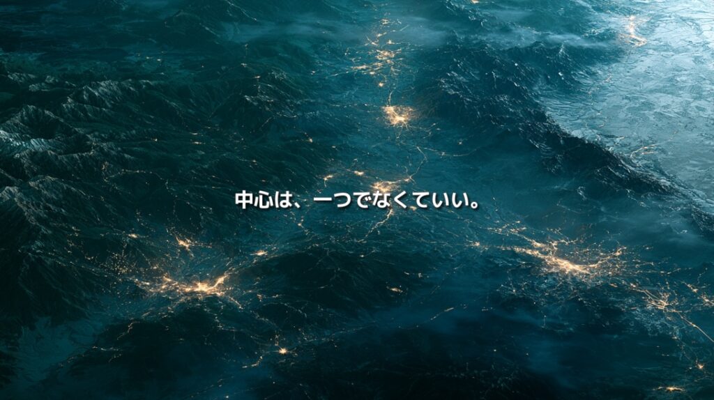 山々に分けられた長野県の複数の盆地と都市を光の道で結び、「中心は、一つでなくていい。」と記したイメージ