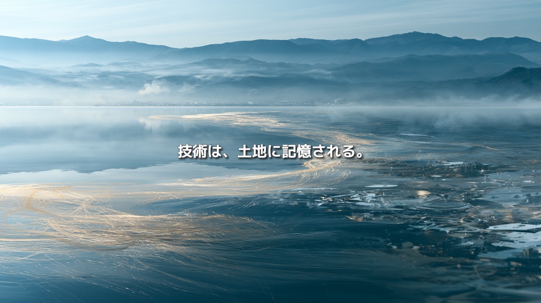 霧に包まれた諏訪湖と八ヶ岳を背景に、金色の光の流れと「技術は、土地に記憶される。」の文字を描いたイメージ