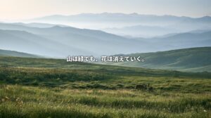 Illustration of two sika deer in a mountain grassland with yellow wildflowers, a protective fence, and misty mountain ridges, with Japanese text meaning “The mountains remain green, but the flowers are disappearing.”