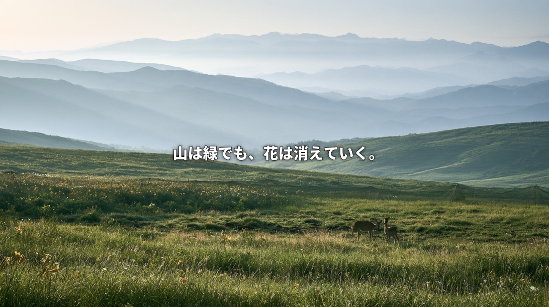 Illustration of two sika deer in a mountain grassland with yellow wildflowers, a protective fence, and misty mountain ridges, with Japanese text meaning “The mountains remain green, but the flowers are disappearing.”