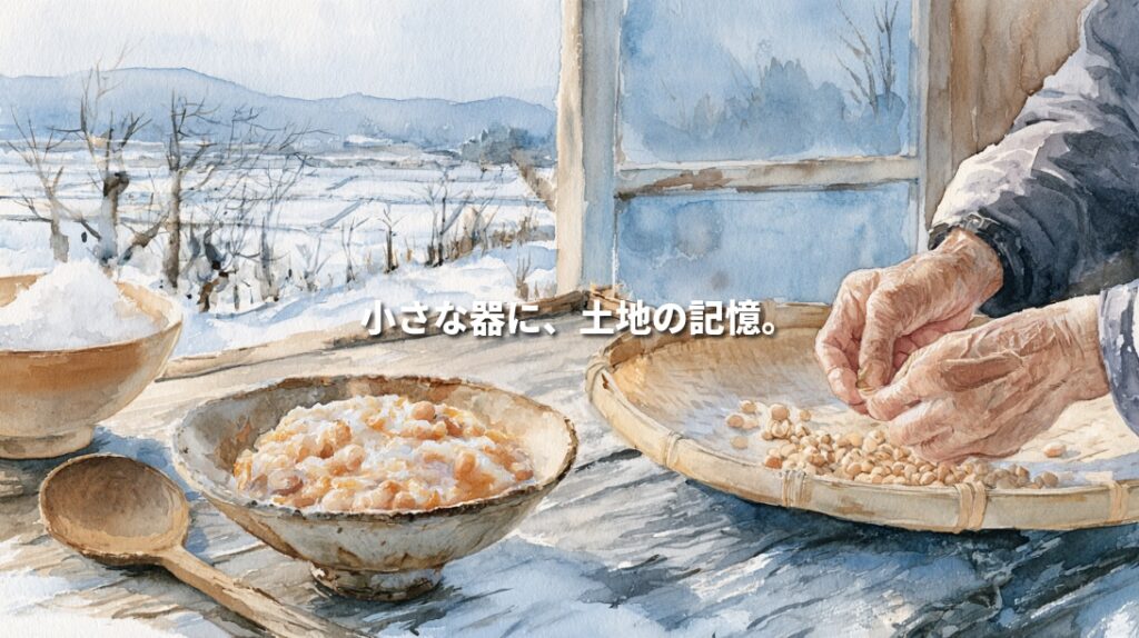 Watercolor illustration of a bowl of godo, a fermented soybean food from Towada, Aomori, beside hands sorting soybeans, with snowy fields beyond a window. Japanese text reads, “Memories of the land in a small bowl.”