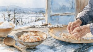 Watercolor illustration of a bowl of godo, a fermented soybean food from Towada, Aomori, beside hands sorting soybeans, with snowy fields beyond a window. Japanese text reads, “Memories of the land in a small bowl.”